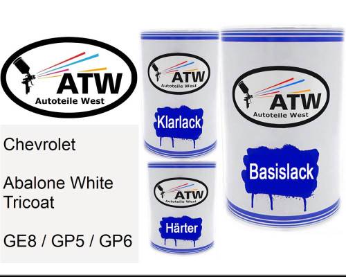 Chevrolet, Abalone White Tricoat, GE8 / GP5 / GP6: 500ml Lackdose + 500ml Klarlack + 250ml Härter - Set, von ATW Autoteile West.